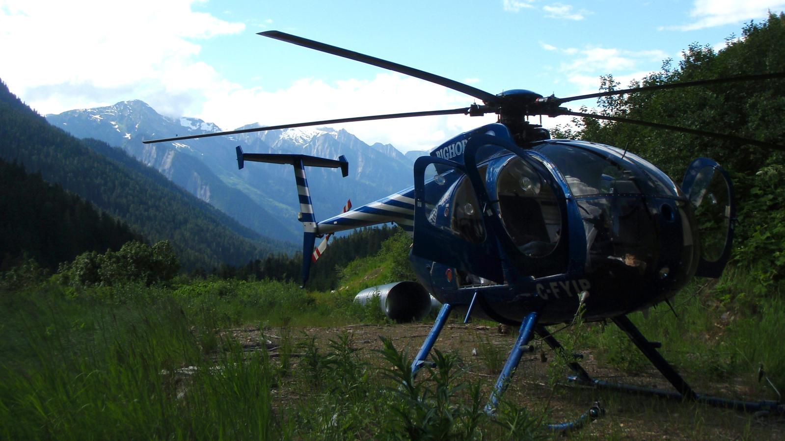 Helicopter standing by in a mountain meadow of southeast BC