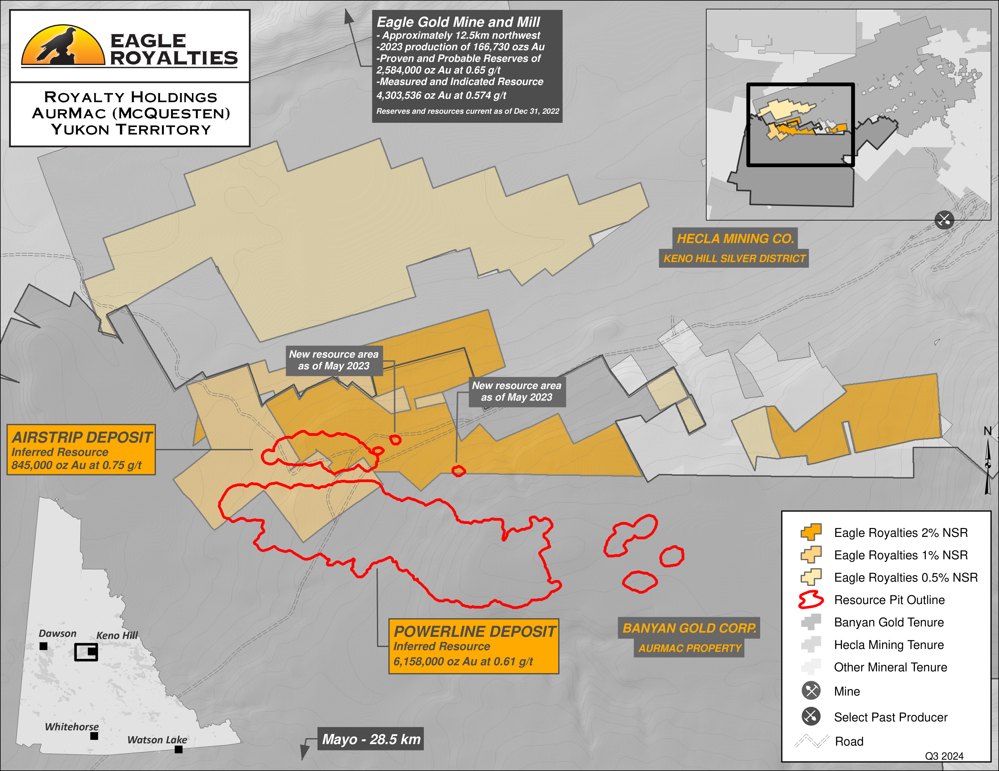 AurMac/McQuesten Royalty Areas and Banyan Gold's Deposit Outlines - August 29, 2024